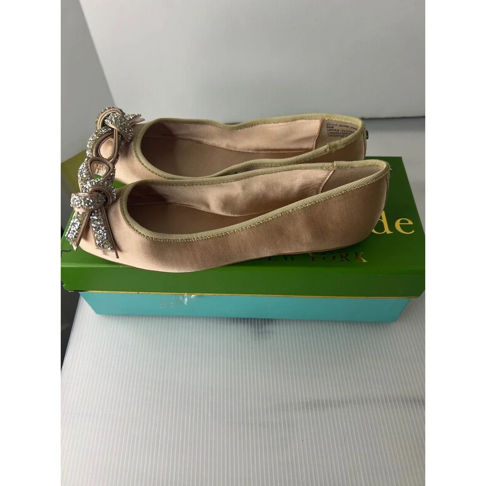 Kate Spade Freya Roasted Peanut Satin Crystal Bow Ballet Flats Pink 6.5M NEW